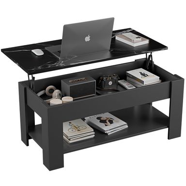 Blisswood Coffee Table With Storage, Lift Up Coffee Tables for Living Room, Wooden Coffee Table With 1 Shelf Large Hidden Storage Modern Rectangular Sofa End Lift-Top Tea Table Furniture Grey / Marble Black