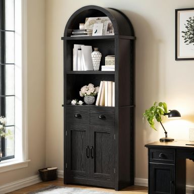 YITAHOME Tall Arched Bookshelf with Storage, Black Arched Bookcase with 2 Drawers and Doors, Arch Wooden Bookshelf Black Storage Cabinet for Living Room, Kitchen