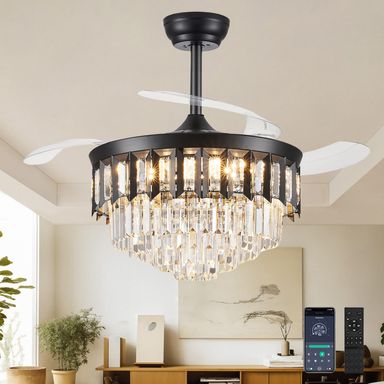 42" Fandelier Ceiling Fan with Light, Crystal Chandelier Fan with Retractable Blades LED Dimmable Crystal Ceiling Fan Chandelier for Bedroom Living Room Dining Room-Black Black 42 inch