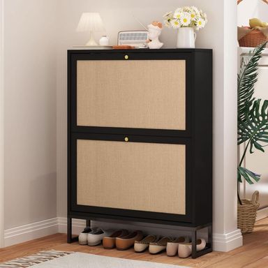 AVZEAR Narrow Shoe Cabinet with 2 Flip Drawer, Freestanding Shoe Organizer Shoe Cabinet Storage for Entryway, Slim Shoe Storage Shoe Rack for Closet with Linen Doors in Hallway, Living Room(Black) Black 2 Drawers Single Layer