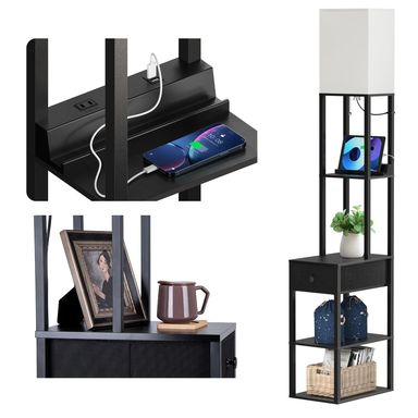 addlon Floor lamp with 2 USB, 1 Outlet and Drawer, 3 Color Temperatures LED Bulb (9W), Sofa lamp with White lampshade, Display Floor lamp with Shelves for Living Room, Bedroom and Office - Black Black (One Drawer)