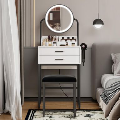 YOURLITE Small Dressing Table with Lighted Mirror and Lights, Compact Vanity Table with with Drawers for Bedroom, Mini White Modern Makeup Desk with Hair Dryer Rack and Cushioned Stool (White&Black)