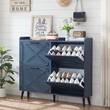 Shoe Storage Cabinet,Farmhouse Shoe Organizer with 4 Flip Drawers & Barn Door Design,Freestanding Hidden Slim Narrow Shoe Rack Cabinet for Entryway,Foyer,Hallway,Blue