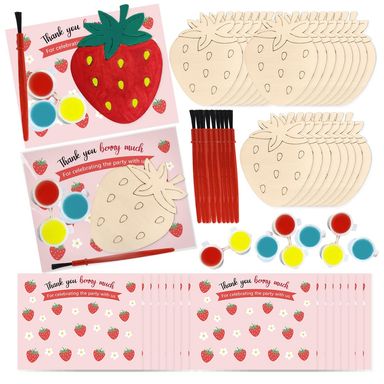 Jekocet ㅤ Strawberry Happy Birthday Party Favors Cards with Wood Painting Crafts Bulk Strawberry Centerpieces for Tables for Baby Shower Decorations