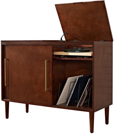 Crosley Furniture Everett Media Console and Record Player Stand with Storage for Vinyl Records, Mahogany