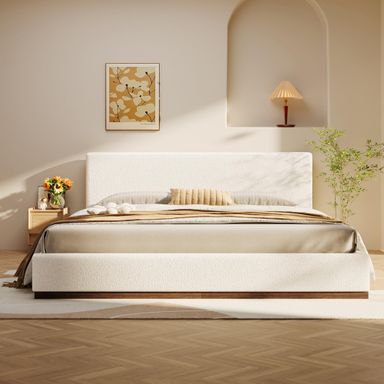 Merax Elegant White Upholstered Bed Frame King Size, Sturdy Wooden Platform Bed with Tall Padded Headboard for Bedroom, No Box Spring Needed, Solid Wood Slats Support, Easy Assembly King White