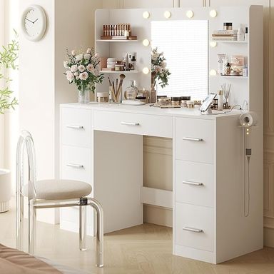 Amazon.com: YESHOMY Vanity Desk with Mirror, Power Outlet and 10 Lights, Makeup Table with 7 Drawers, 3 Color Modes Available for Bedroom, White : Arts, Crafts & Sewing