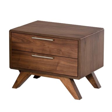 Benjara 2 Drawer Wooden Nightstand with Metal Bar Handles and Angled Legs, Brown