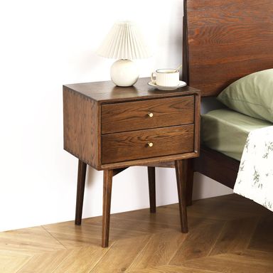 Mid Century Modern Nightstands, Oak Bedside Table Solid Wood End Table with Drawers Real Wooden Cabinet Organizer for Bedroom, Walnut Color