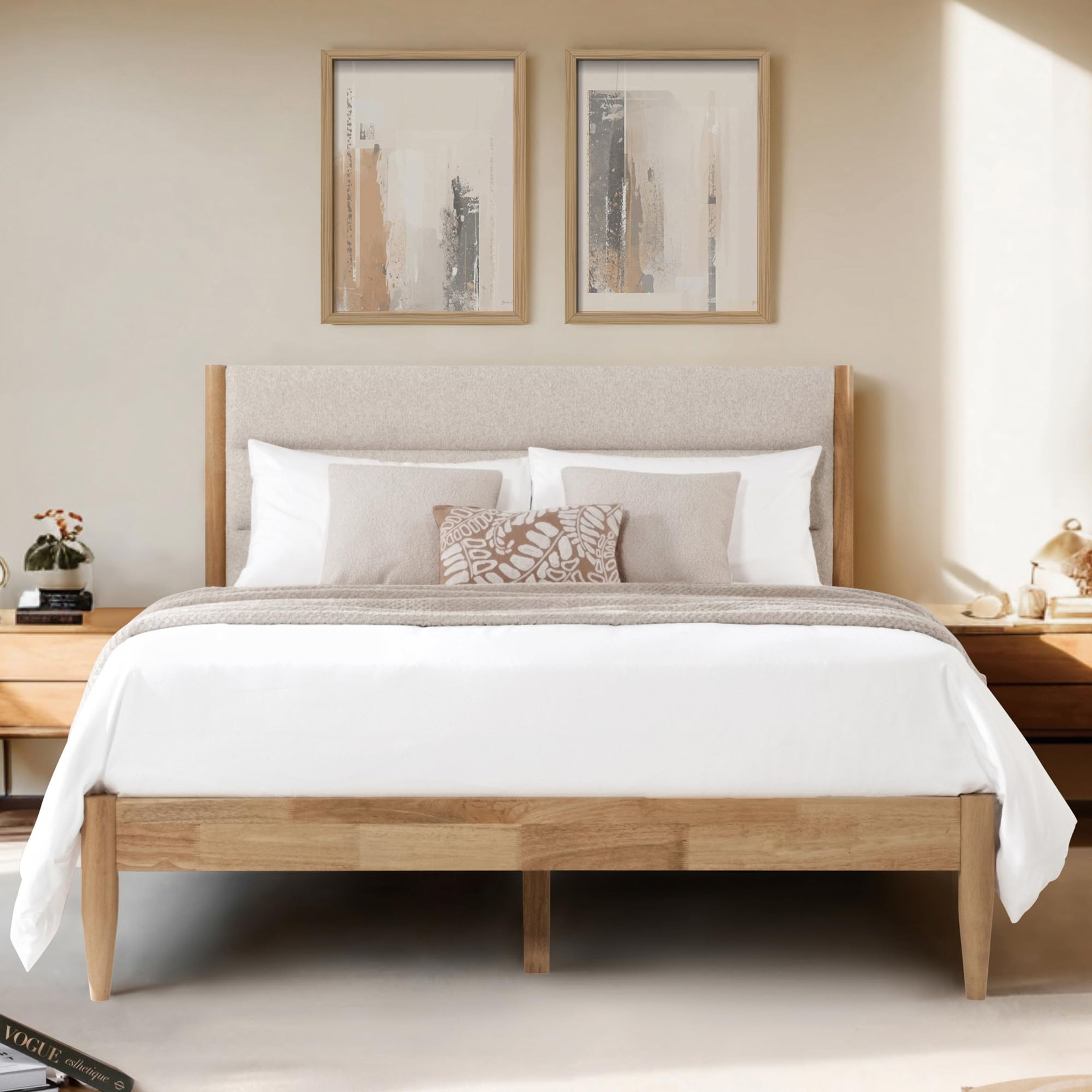 Oat Queen Wood Bed Frame with Upholstered Headboard - Silent Slats, No Box Spring