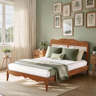 Sophia & William Queen Size Bed Frame, Wood Bed Frame with Hand-Woven Rattan Headboard, Solid Wood Slats Support, Brown