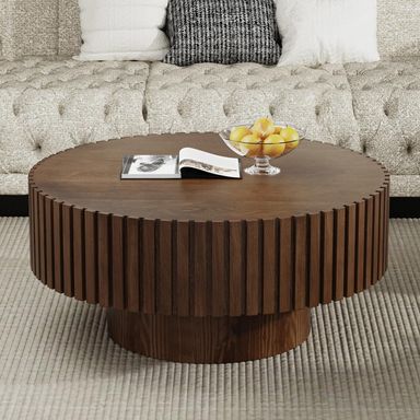 JHKZUDG Round Drum Coffee Table Stripe Fluted Coffee Table Mid Century Modern Coffee Tables Pedestal Coffees Table for Living Room Farmhouse,Round Brown