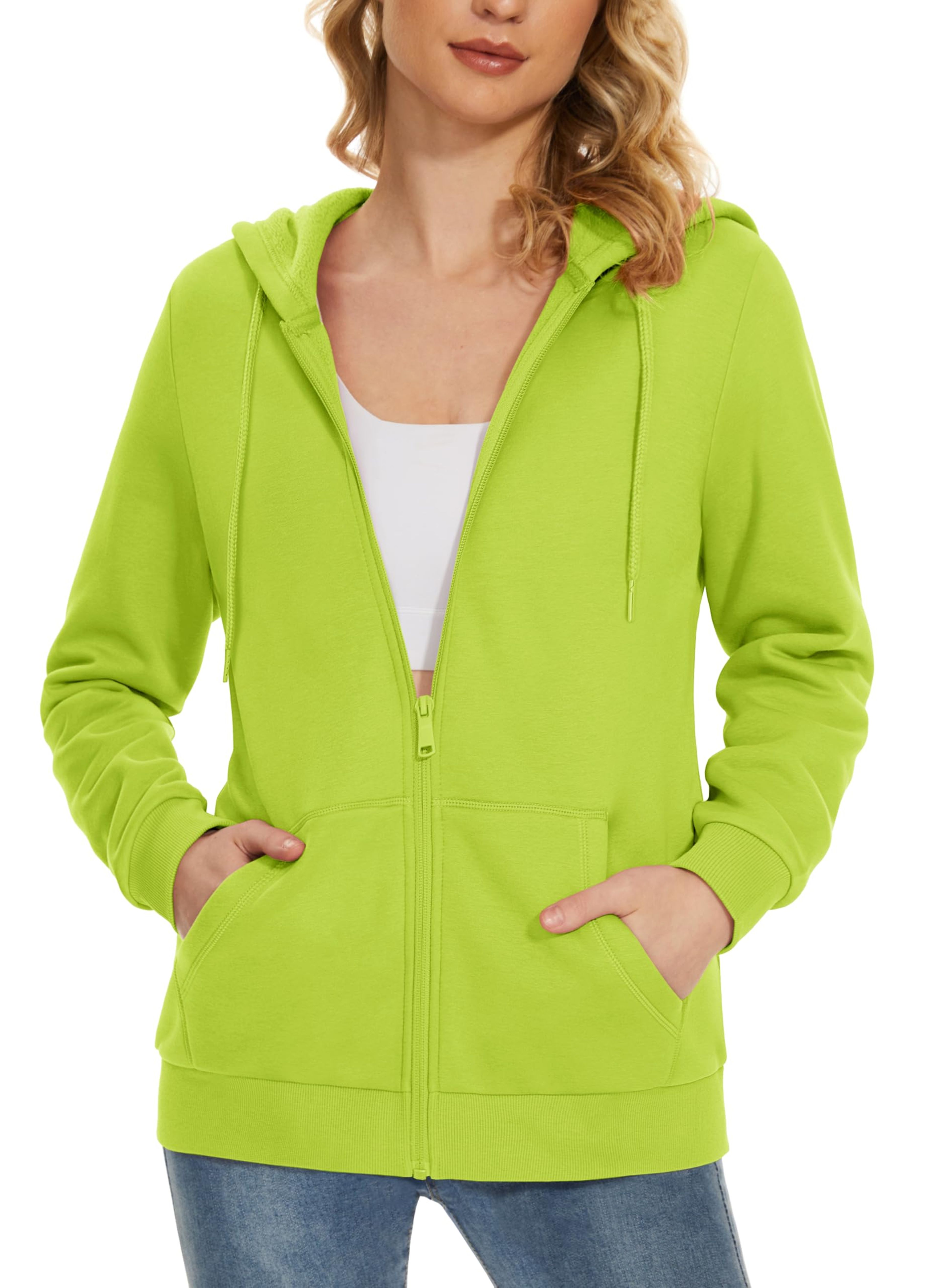 MAGCOMSEN Women's Fleece Lined Zip-Up Hoodie Jacket Yellow Green XXL