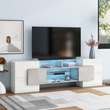 White 85 Inch TV Stand, Modern LED TV Stand with 6000 Color Adjustable Lights, Large Storage Shelves, Sturdy & Durable, Easy to Install, 24/7 Service