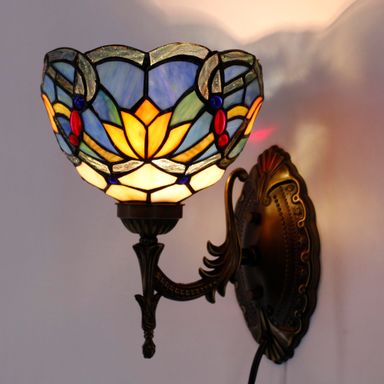 Tiffany Wall Sconce Lamp Blue Stained Glass Flower Style 8X10.5X11 Inch Plug in Wall Bedside Light for Hallway Bedroom (Blue Lotus Style)