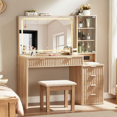 LEYAOYAO Vanity Desk with Mirror and Lights with Stool, 43.5'' Fluted Makeup Vanity with 6 Drawers and Adjustable Shelves,Wood Make Up Vanity Set with Glass Top and Power Outlet for Bedroom Natural Wood