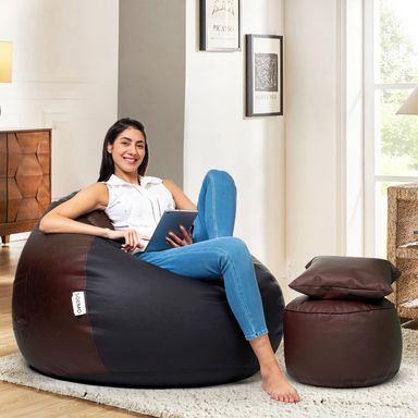 Amazon Brand - Solimo Premium Faux Leather Bean Bag Combo with Footrest & Cushion Combo, Filled with Beans | Capacity: Upto 6 Ft Height, 120 KG Weight | 3XL | Black and Brown