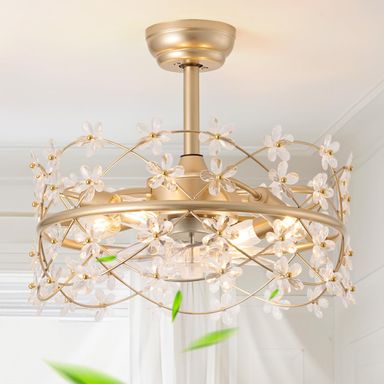 20 Inch Gold Caged Ceiling Fan with Light, Flower Chandelier Ceiling Fan with Lights Remote Control, Modern Crystal Fandelier 6 Speeds for Girl's Bedroom, Living Room