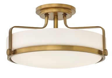 Hinkley Harper Medium Semi-Flush Mount Ceiling Light - Sleek, Retro Style, Etched Opal Glass - Heritage Brass Finish ['Heritage Brass'] ['18"']