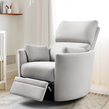 Jocisland Power Swivel Glider Rocking Recliner, Nursery Chair for Adults with 4 Massage Points, 2 Pillows, USB & Type-C Charge,Barrel Armchair Single Sofa for Living Room Bedroom, Grey Fabric Light Grey Fabric