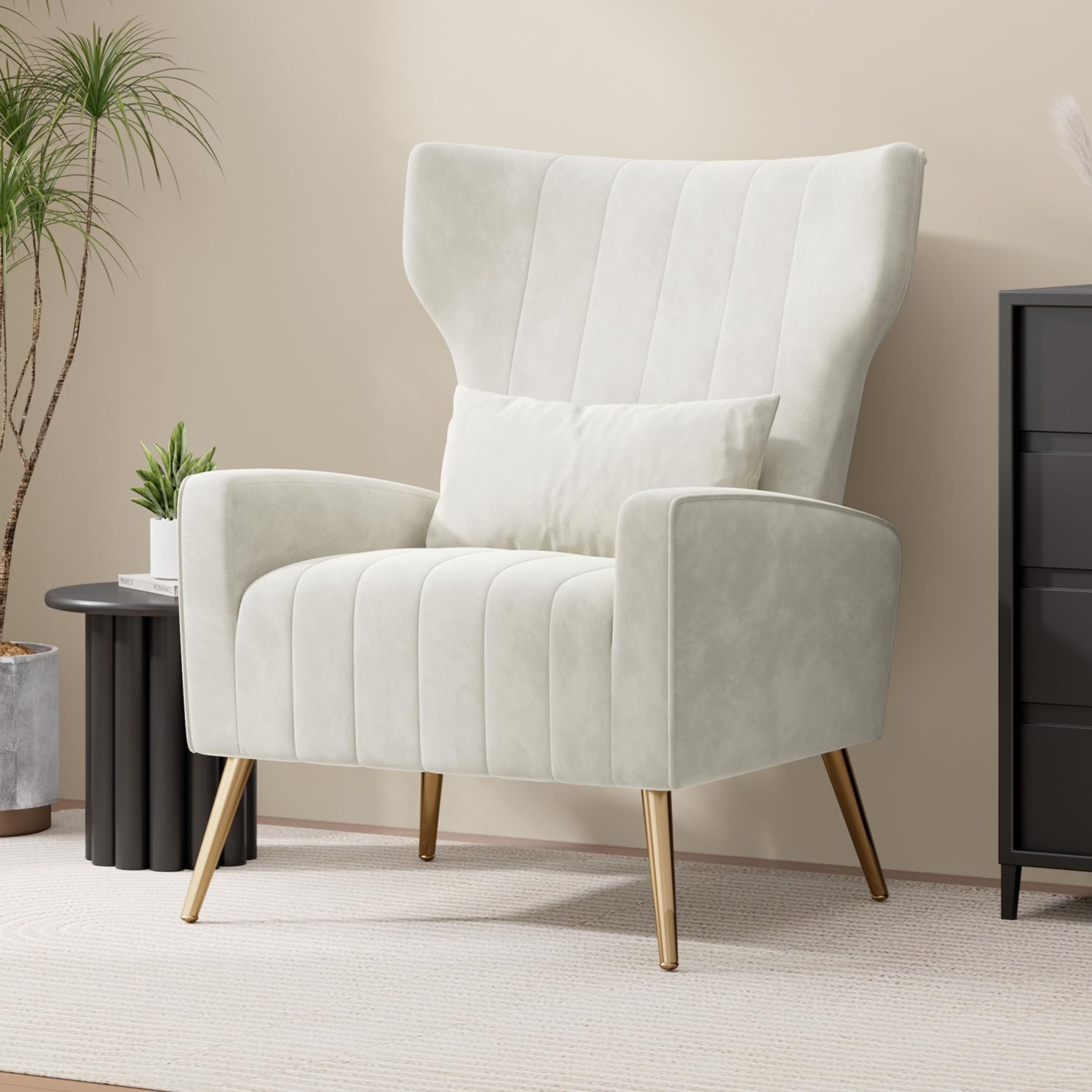Velvet Wingback Accent Chair with Golden Legs, Beige
