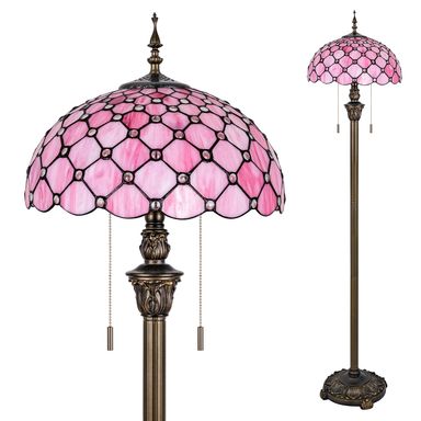 Tiffany Floor Lamp Stained Glass Pearls Beads Standing Reading Light 16x16x64 Inch Retro Inspired Pole Corner Lighting Art Decor for Bedroom Living Room Home Office (Pink)