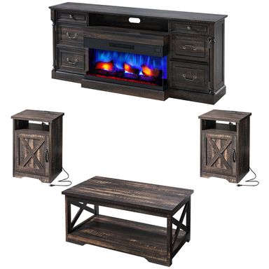 5-Piece Farmhouse Living Room Table Sets, Includes 75" Rustic TV Stand with 36" 3-Sided Glass Fireplace, 40" Coffee Table and 2 End Tables with Charging Station & Barn Doors, Black Oak 75in Black Oak