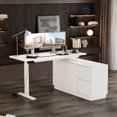 Hitow L Shaped Standing Desk Height Adjustable, 54.3" W Electric Sit Stand Desk with Drawers & Storage Cabinet, Reversible Home Office Table Corner Computer Workstation, White (29.5"-44.5" H)