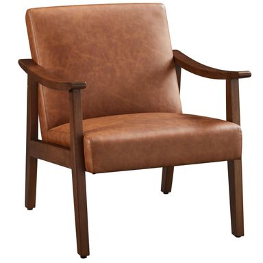 Yaheetech PU Leather Accent Chair, Mid-Century Modern Armchair with Solid Wood Legs, Reading Leisure Chair with High Back for Living Room Bedroom Waiting Room, Brown Brown Faux Leather