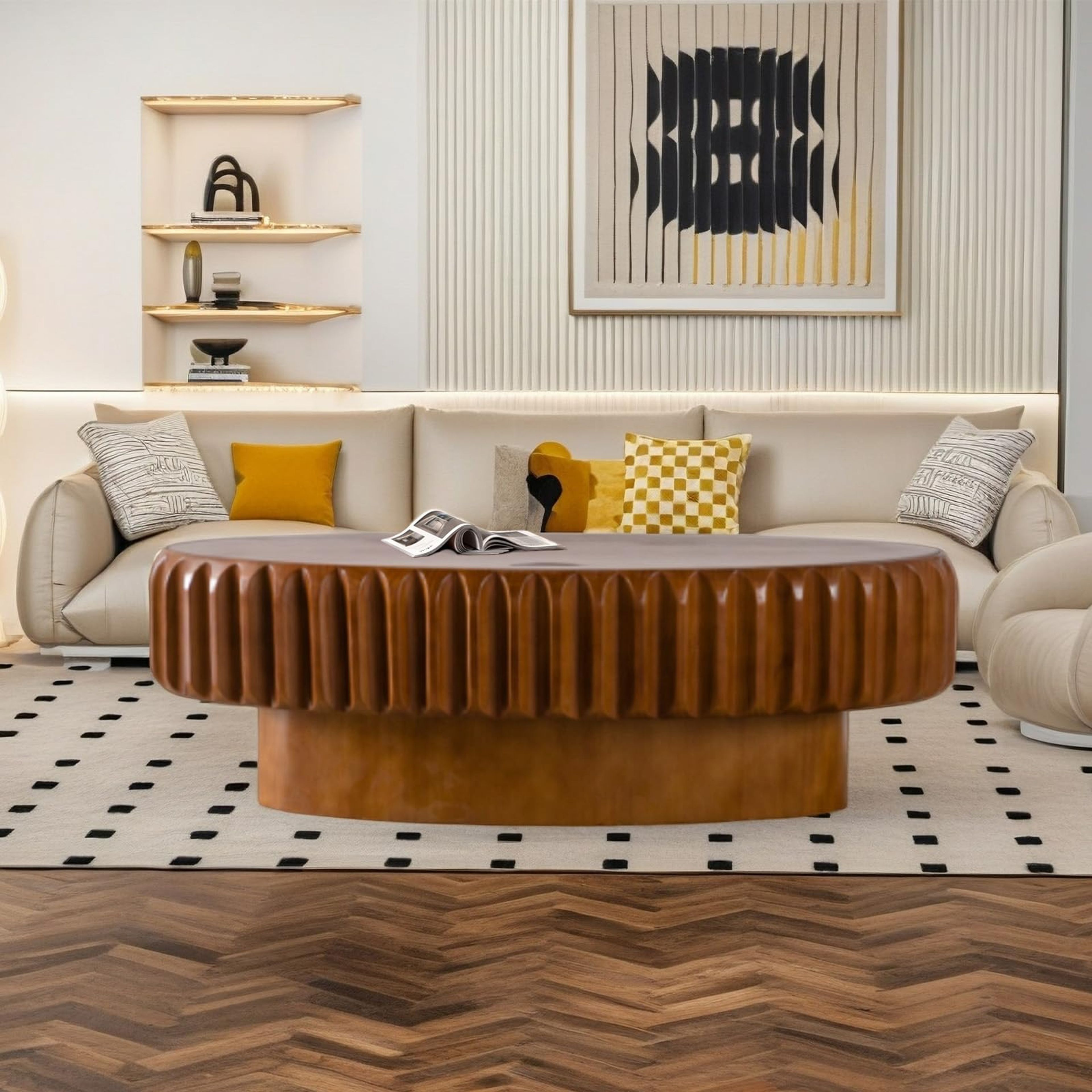Mid-Century Modern 43.3" Oval Coffee Table with Flip-Top Storage, Brown