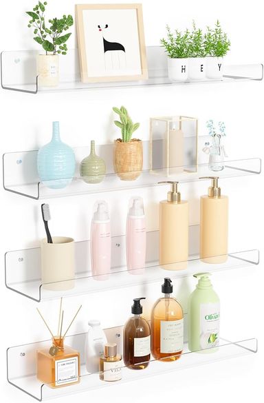 Amazon.com: upsimples 4 Pack Acrylic Shelves for Wall Storage, 15" Floating Bookshelves for Kids, Display Shelf Organizer for Bathroom, Bedroom, Living Room, Kitchen, Room Decor, Clear : Home & Kitchen
