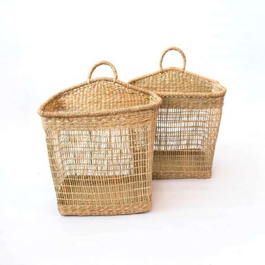 Set of 2 Floppy Seagrass Baskets, natural Woven Storage Basket Handicraft, Wicker Baskets for Laundry, Hanging Planters, Wall Decor for Bathroom, Bedroom, Living Room