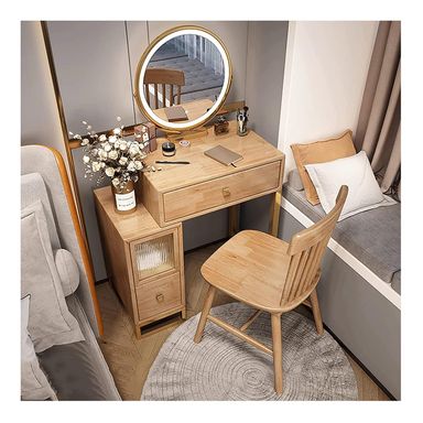 Coiffeuse en Bois Massif Robuste, Coiffeuse de Maquillage avec Tabouret et Tiroirs pour Petit Espace, Convient aux Filles Femmes