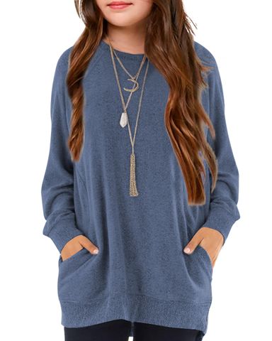Girls Shirts for 6-13 Years Long Sleeve Crewneck Tops with Pockets C Navy Blue 12-13 Years
