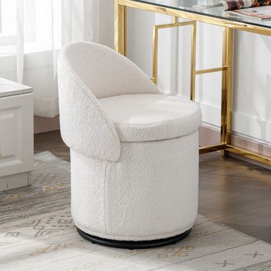 Modern Swivel Ottoman Vanity Chair, Sherpa Upholstered Barrel Chair Club Chair 360°Degree Swivel Side Chair with Storage, Comfy Makeup Stool for Bedroom Living Room, White Sherpa-white