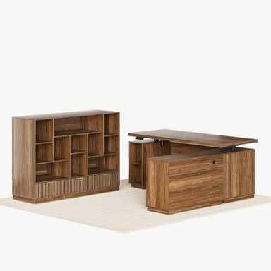 Home Office Furniture Set, 70" Standing Desk with 4 Drawer File Cabinet and Wide Bookcase, Executive Desk with AC/USB, Bookshelf with Drawers, Fluted Style Black Walnut