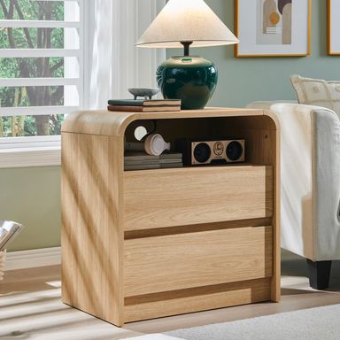25" Tall Modern Nightstand with Charging Station, 23.6'' Wide Wood Bedside Table w/2 Storage Drawers, Large Mid Century End Table for Bedroom, Living Room, Curved Profile Design,Natural Oak Natural 1 Piece