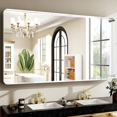 Amazon.com: Easly 48 x 30 Inch Silver Bathroom Mirror, Rectangular Wall Mounted Shatterproof Mirror, Aluminum Alloy Frame with Rounded Corners, Horizontal or Vertical for Farmhouse Decor : Home & Kitchen