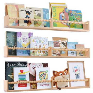 Nursery Book Shelves for Kids Rooms - 32 Inches Floating Wall Bookshelves Set of 3, Space-Saving Nursery Shelves with Beads Design for Kids Room, Bedroom and Study Room(Natural)