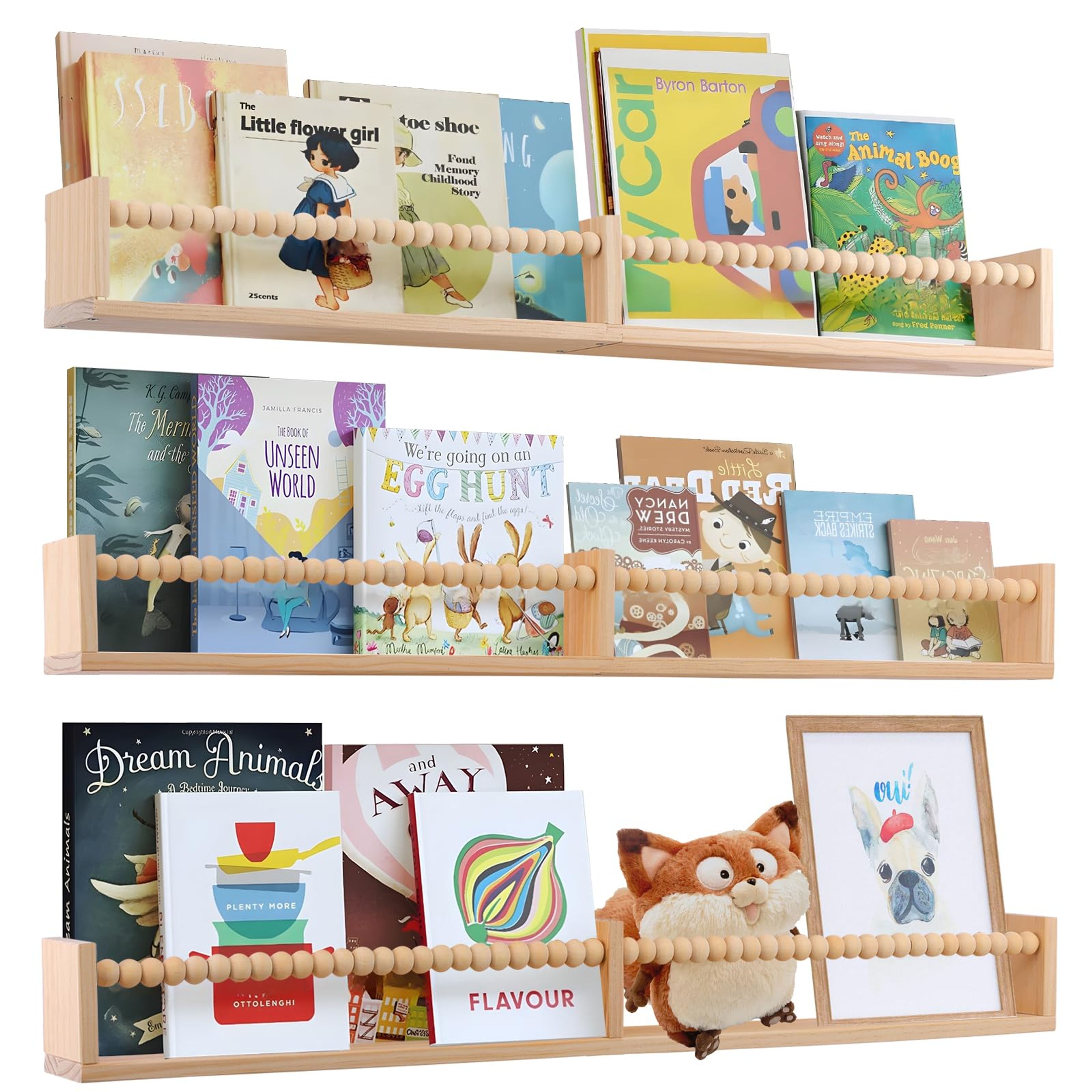 32" Natural Floating Bookshelves Set of 3 for Kids Nursery Rooms