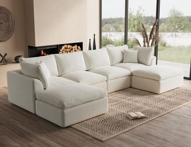 Oversized Cloud Sectional Couches for Living Room, Boneless U Shaped Couch with Ottoman, 4 Seater Modular Sectional Sofa, Warm White Warm White 4 Seater + 2 Ottoman