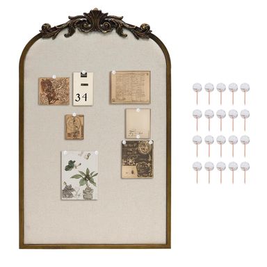 Arch Fabric Pinboard, Antique Gold Bulletin Boards 19"x31", Vintage Cork Board with Ornate Iron Frame for Wall Unique Display, Organization and Decor Options Bronze Gold 31"L x 19"W