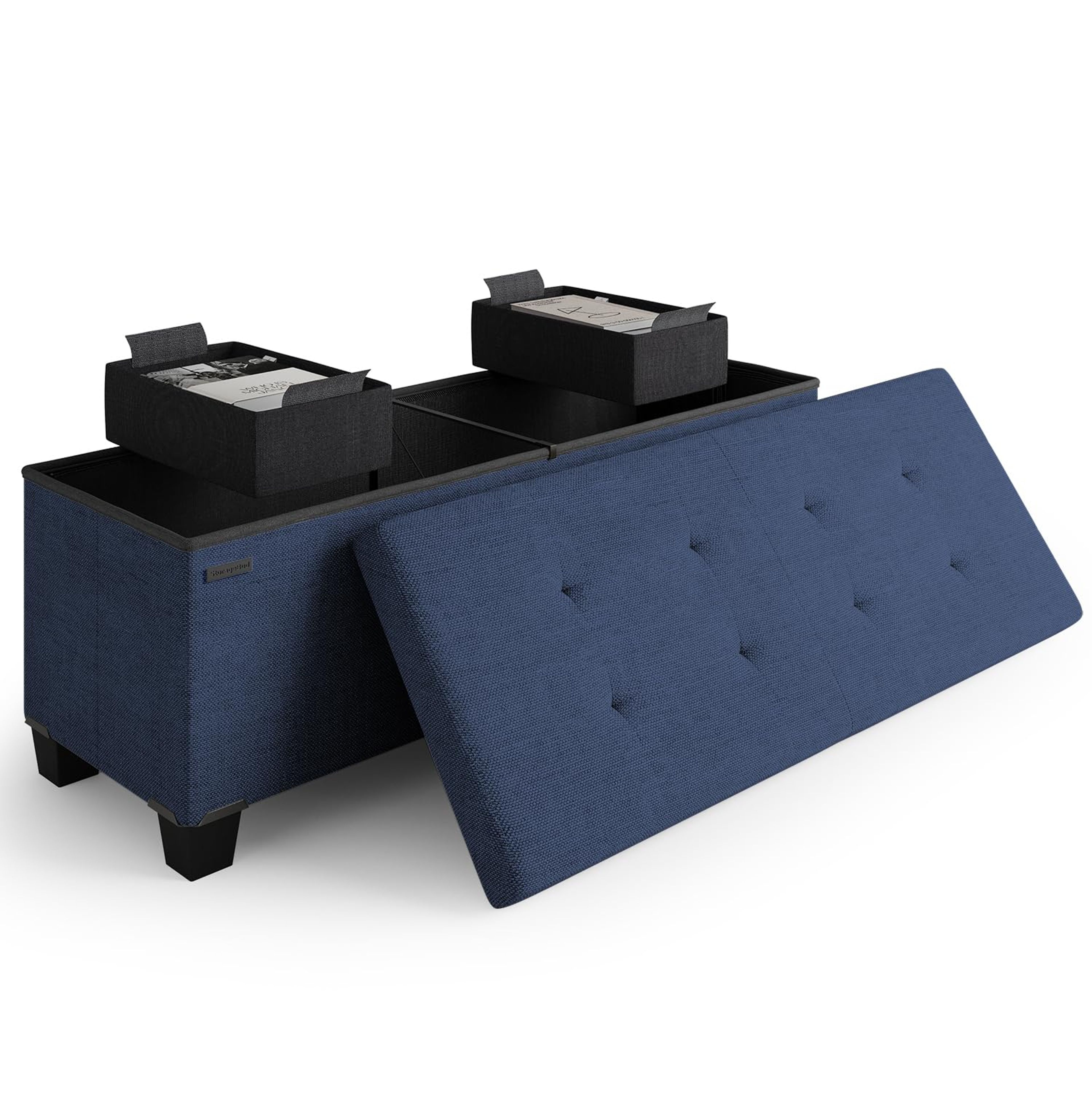 Blue 43" Storage Ottoman Bench with Bins - Folding Bedroom Footrest, 660lbs