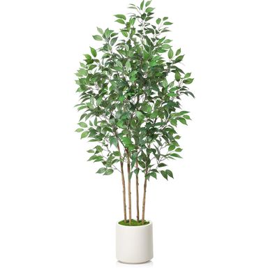 Ficus Artificial Tree 6ft Fake Silk Plant for Home Decor Indoor, Faux Floor Tree in White Imitation Ceramic Planter with Green Fake Moss for Home Office Corner Indoor Decor, Set of 1