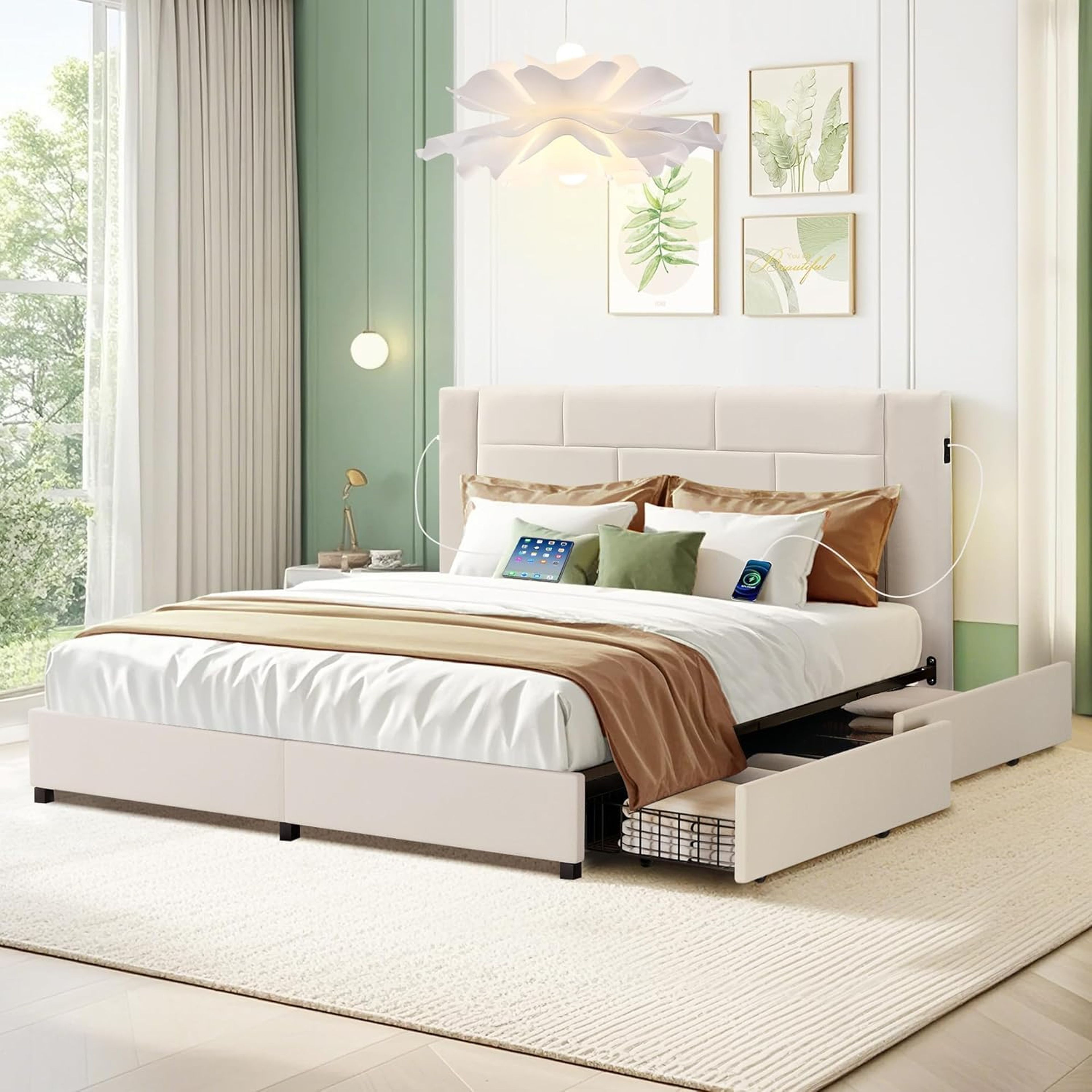 VECELO Beige Full Platform Bed Frame with Storage Drawers & USB Charging