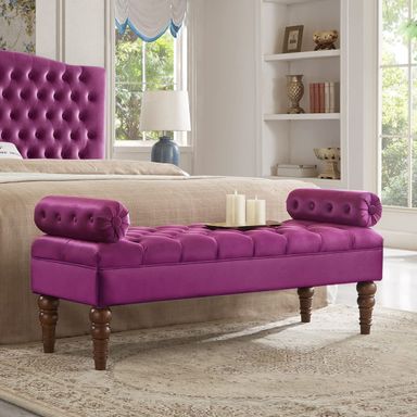 24KF Velvet Long Bench for Bedroom - Upholstered Window Bench with Tufted Button - Violet Bolster Bench Violet Bench