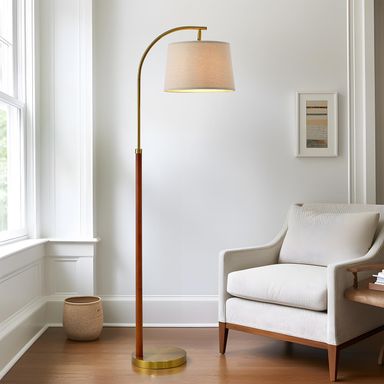 62.5" Gold Floor Lamp for Living Room with Foot Switch Wood Standing Lamp Tall Lamp Mid Century Modern Arc Floor Lamps for Bedroom Office Industrial Reading