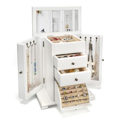 Emfogo Jewelry Box for Women, Rustic Wooden Jewelry Boxes & Organizers with Mirror, 4 Layer Jewelry Organizer Box Display for Rings Earrings Necklaces Bracelets (Weathered White)