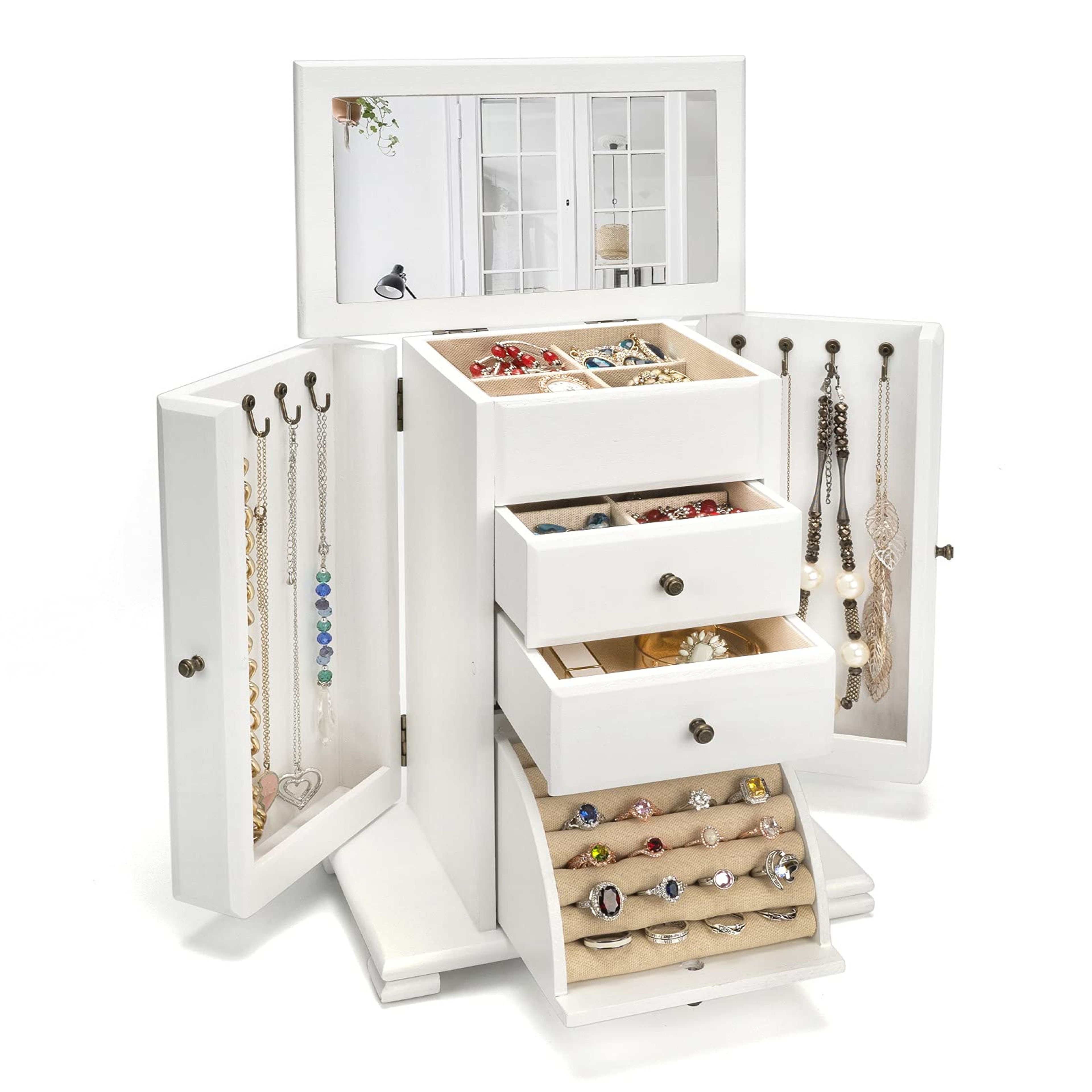 Rustic Wooden Jewelry Box for Women with Mirror - 4 Layer Organizer (White)