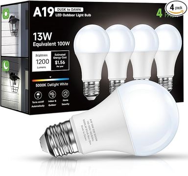 Eastiya Dusk to Dawn Sensor LED Outdoor Light Bulb, Daylight White 5000K, A19 13W(100 Watt Equivalent) Bright Porch Lighting, 1200LM, Auto-On/Off Photocell Sensor for Garage Yard Patio Garden-4 Pack - Amazon.com